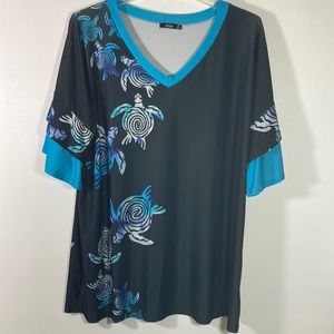 Lily by Firmiana Black w Blue Accent  V Neck Top Size 3XL